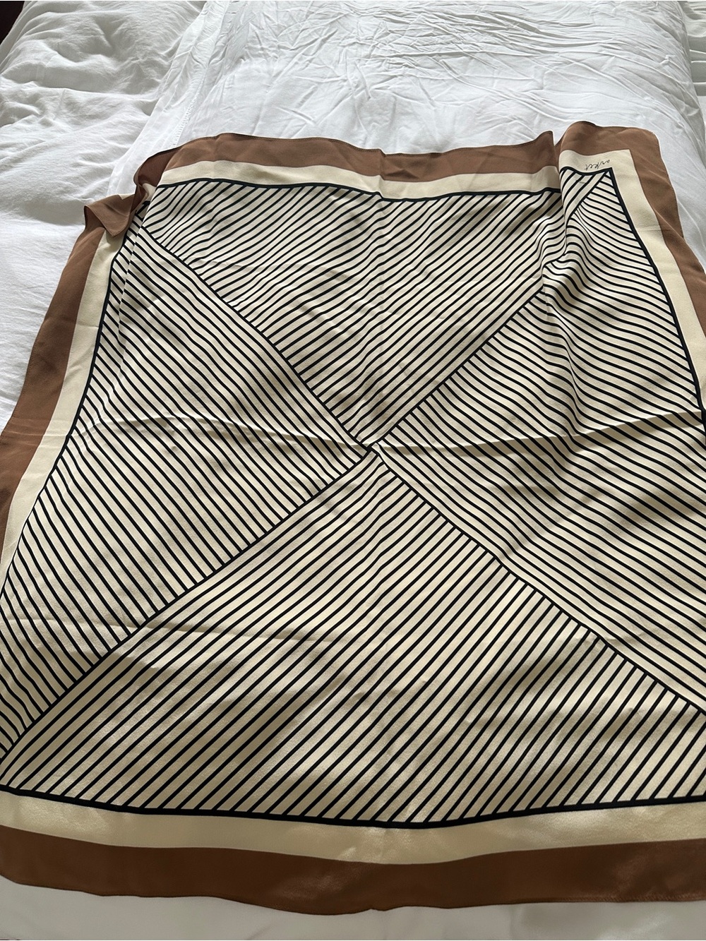 Arket Cream and Brown Striped Silk Scarf